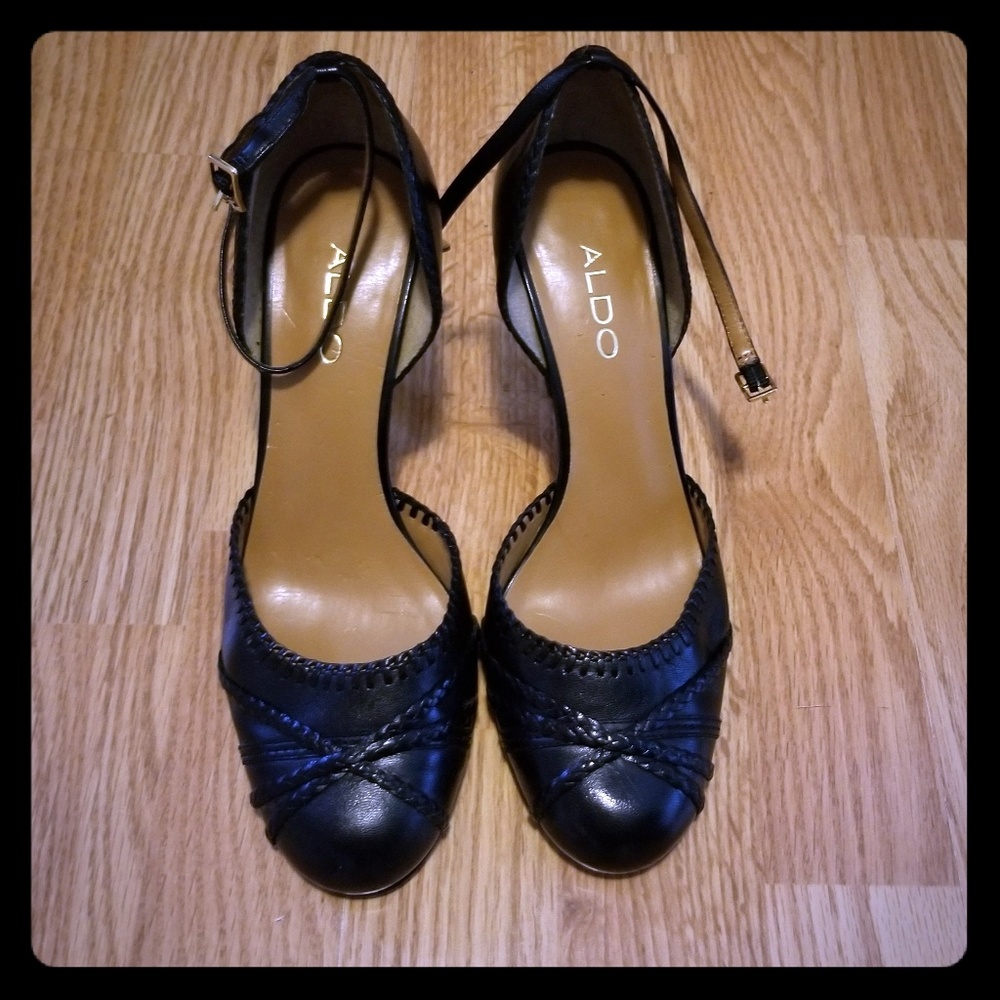 Aldo Black Leather Ankle-Strap Heels